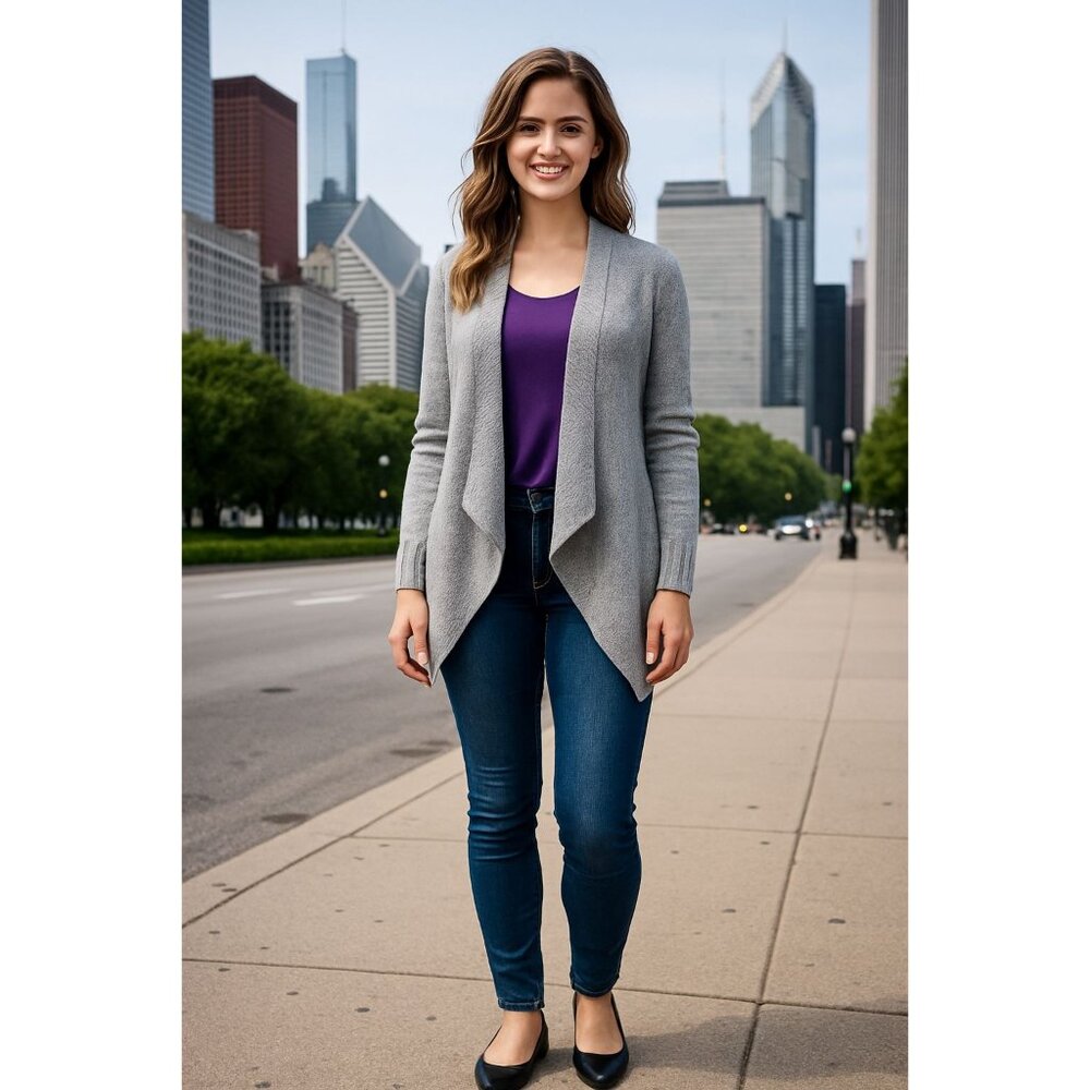 Abercrombie Kids Size 15 Gray Girl Draped Waterfall Cardigan Soft Knit Open Fron - Picture 3 of 13